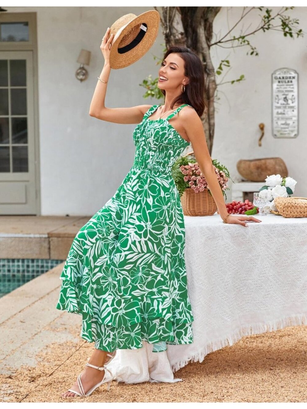〽️Women's Green Floral Square Neck Strapped A LINE Boho Long Floral  Maxi Dress